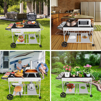 GRILL FORCE Pizza Oven Table with Cover, Outdoor Grill Table with Cover, Grill Cart, Movable Pizza Oven Cart, Portable Food Prep Table for BBQ Camping, Fits Pizza Oven, Ninja Woodfire, Blackstone