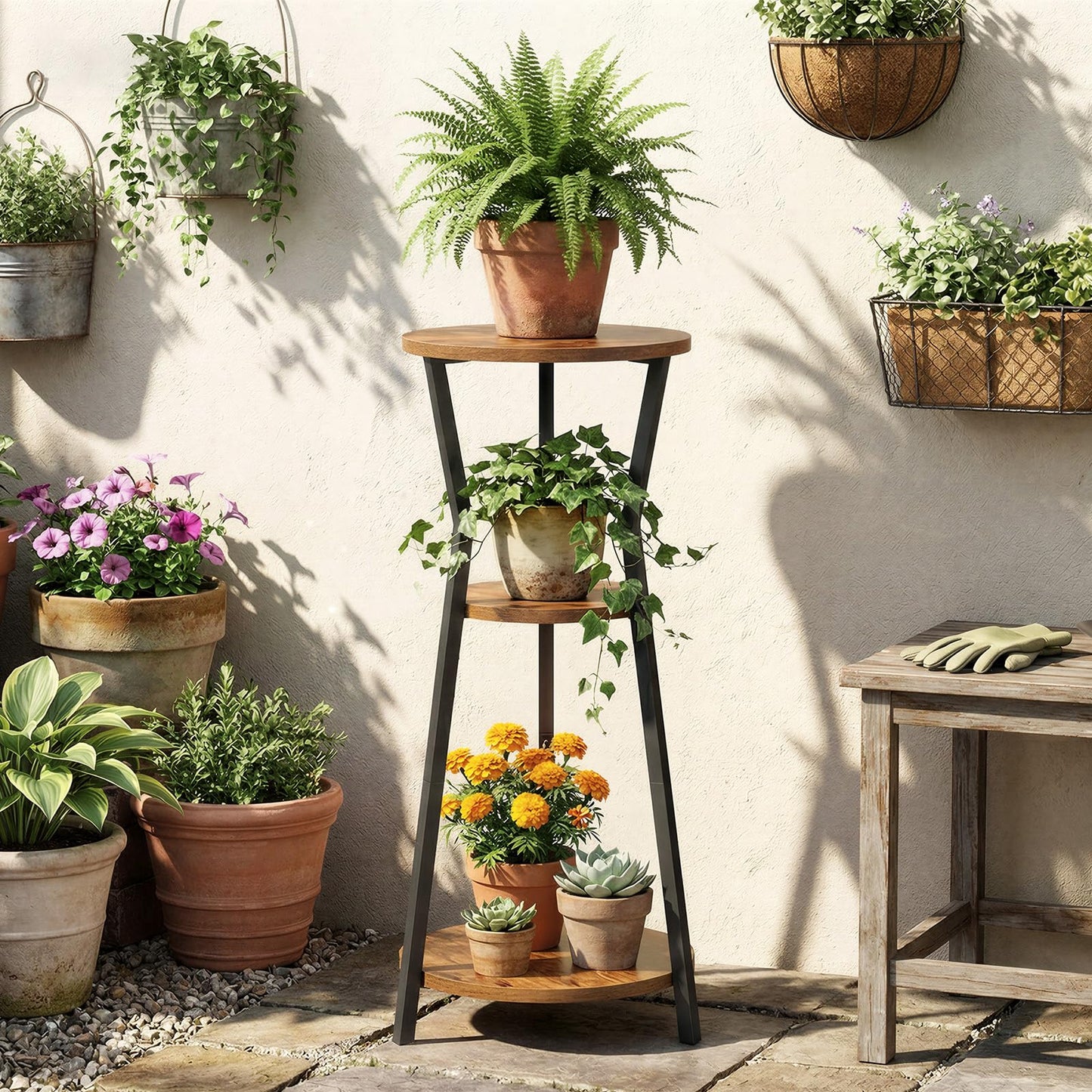 MAHANCRIS Plant Stand Indoor, 3 Tier Round Corner Plant Stand Indoor, Round Plant Holder Rack, 35" Tall Plant Shelf for Living Room, Balcony, Patio, Rustic Brown and Black PSHR0401