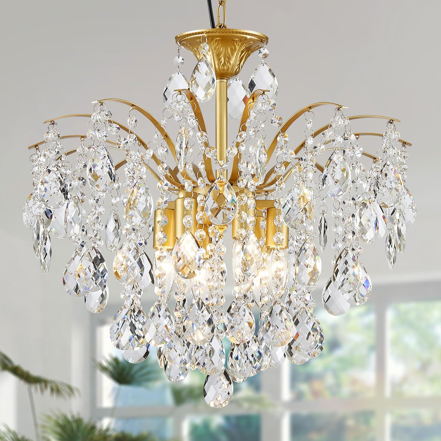 FashEase K9 Crystal Chandeliers, Mid-Century Modern Style for Living Room, Bedroom, Dining Room, D20in x 20-70in Adjustable Height, Gold Finish