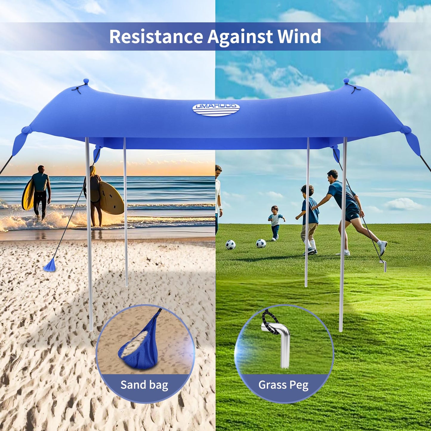 UMARDOO Family Beach Tent Canopy Sun Shade Portable 10×10FT, Large Wind Resistance Beach Sun Shelter Easy Setup with Packable Carry Bag for Outdoor Travel UPF 50+ (Blue)