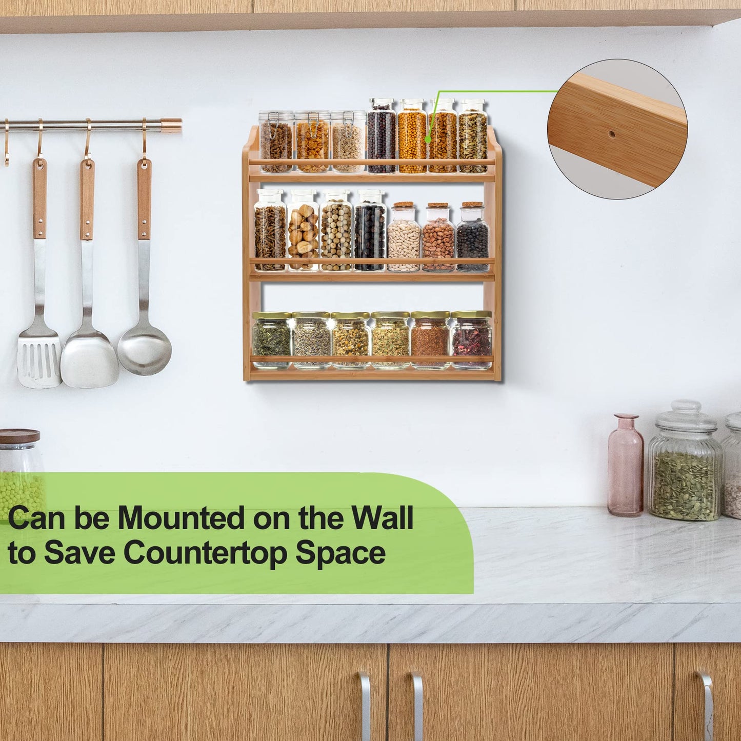 FoverOne 3 Tier Bamboo Spice Rack, Seasoning Jars Rack Shelf Spice Organizer for Kitchen Counter or Wall Mounting