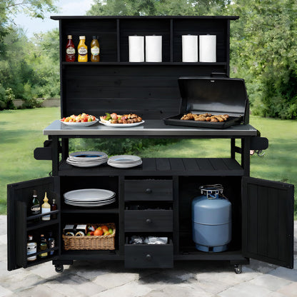 GDFStudio Preden Outdoor Storage Bench Table with Cabinet, Patio Wooden Potting Bench, Garden Storage Work Bench with Stainless Steel Top, Drawers, Cabinets, Shelves and Hooks, Kitchen Island, Black