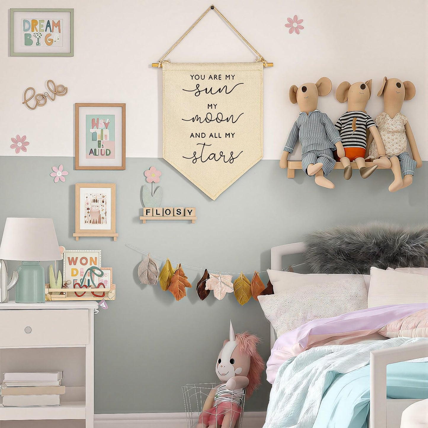 Nursery Wall Art-Nursery Bedroom Gift-My Sun My Moon and All of My Stars-Canvas Hanging Pennant Flag Banner Wall Sign Decor Gift for Baby Girl Boy Kids Room Playroom Decor