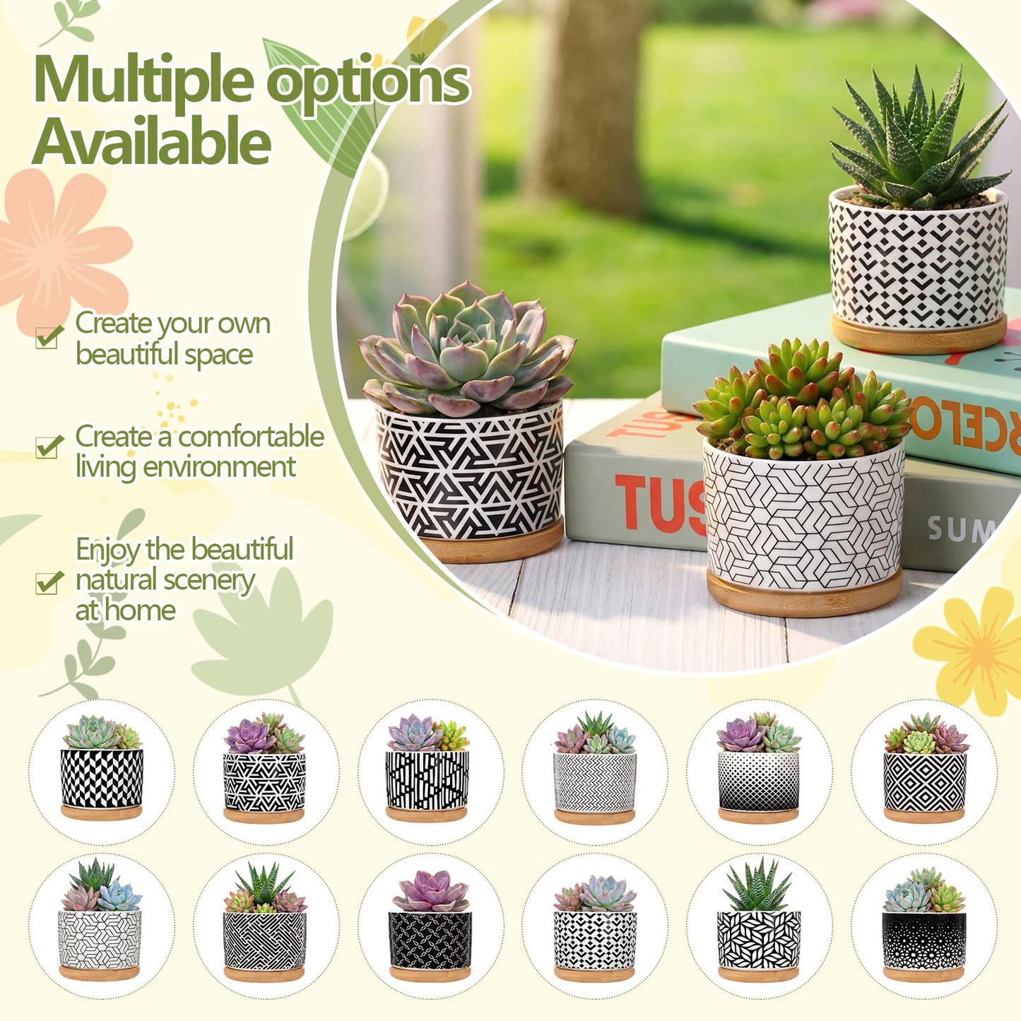 Threehoney 12 Pack 3.14 Inch Ceramic Succulent Pots Geometric Pattern Small Succulent Plant Pots with Drainage Hole and Bamboo Trays Mini Flower Cylinder Pot for Small Plant Cactus Home Office Decor