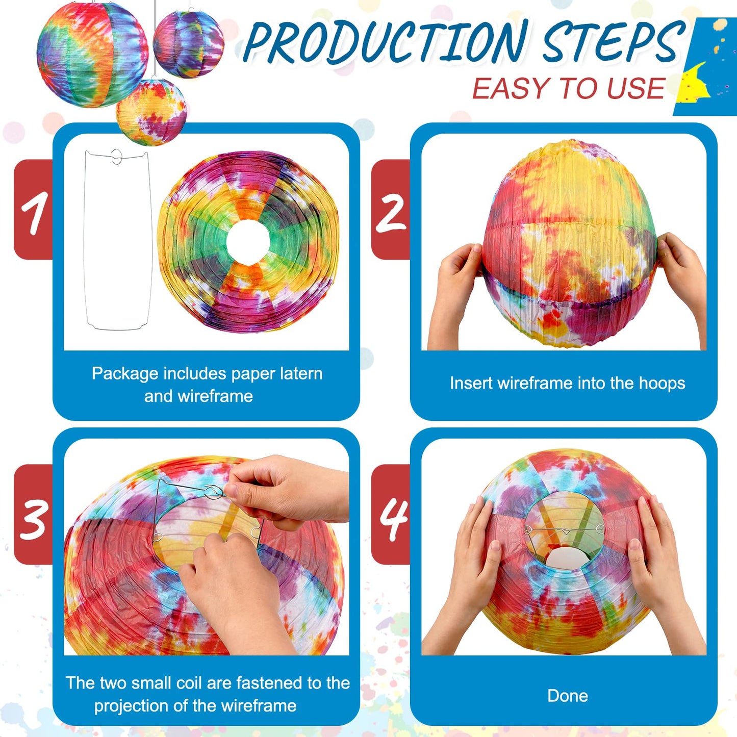 10 Pcs Tie Dyed Groovy Paper Lanterns Chinese/ Japanese Lanterns Groovy Party Decorations Tie Dye Party Supplies Classroom Hanging Ceiling Decorations for Home Decor Parties Weddings (12 Inch/ 6 Inch)