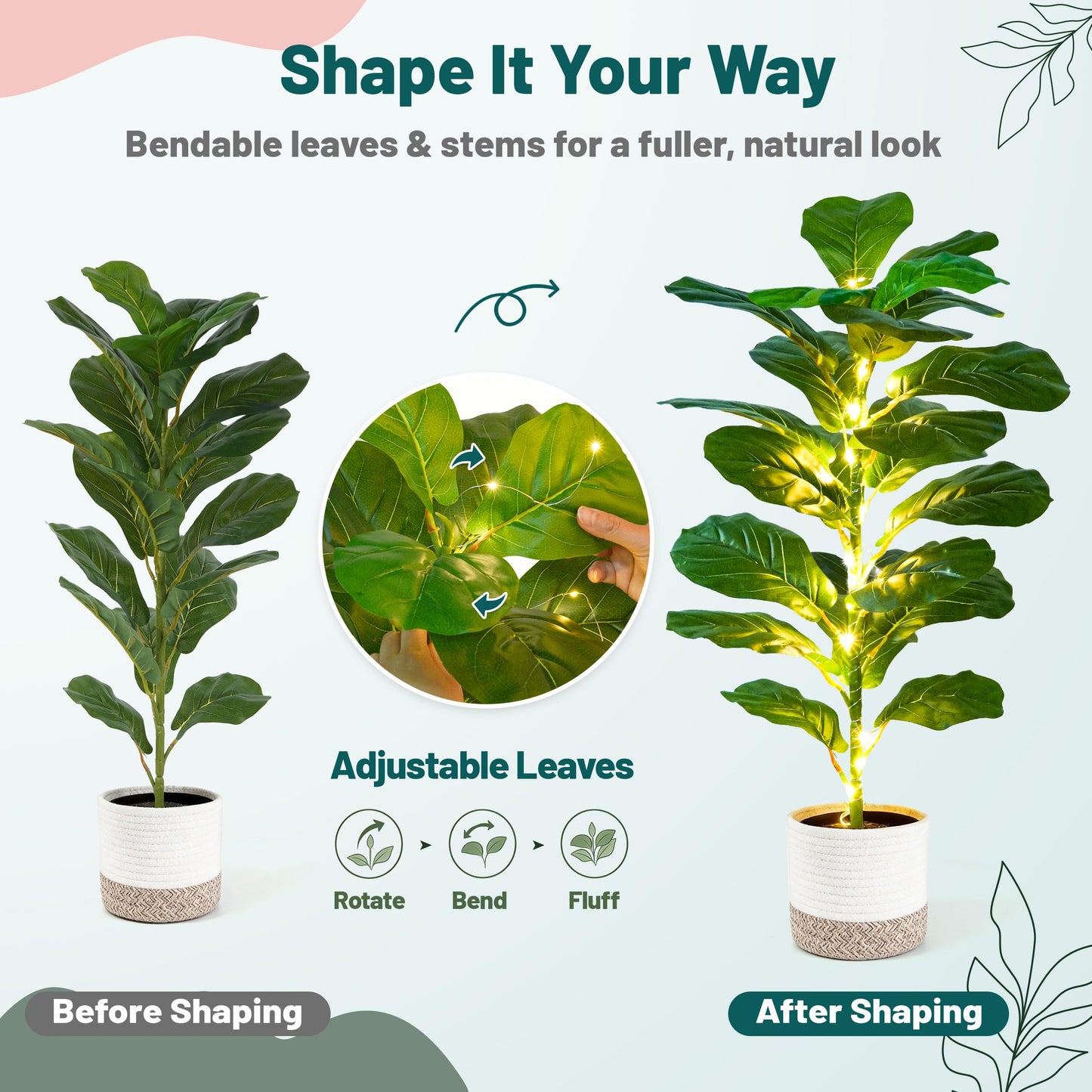Der Rose 2 Pack 30" Artificial Fiddle Leaf Fig Tree with Warm LED Lights – Battery Powered, Mid-Size Fake Plants for Living Room, Bedroom, Entryway & Home Decor