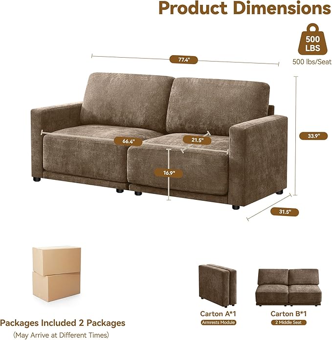 77.4" Chenille Modular Loveseat Oversized Upholstered 2 Seater Sectional Sofa