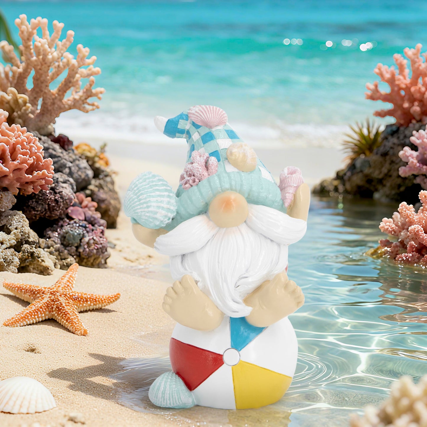 Hodao Coastal Ocean Gnome Decorations – Hand-Painted Resin Beach Gnome Sitting on Ball with Seashell Hat & Coral Details, Summer Sea Decor Gift for Indoor Home, Bedroom & Tabletop Ornaments