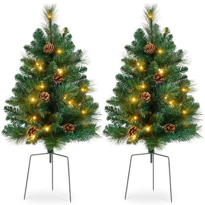 Best Choice Products Set of 2 24.5in Outdoor Scotch Pine Pathway Christmas Trees, Battery Operated Pre-Lit Holiday Décor w/LED Lights