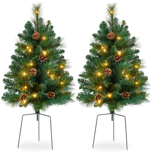Best Choice Products Set of 2 24.5in Outdoor Scotch Pine Pathway Christmas Trees, Battery Operated Pre-Lit Holiday Décor w/LED Lights