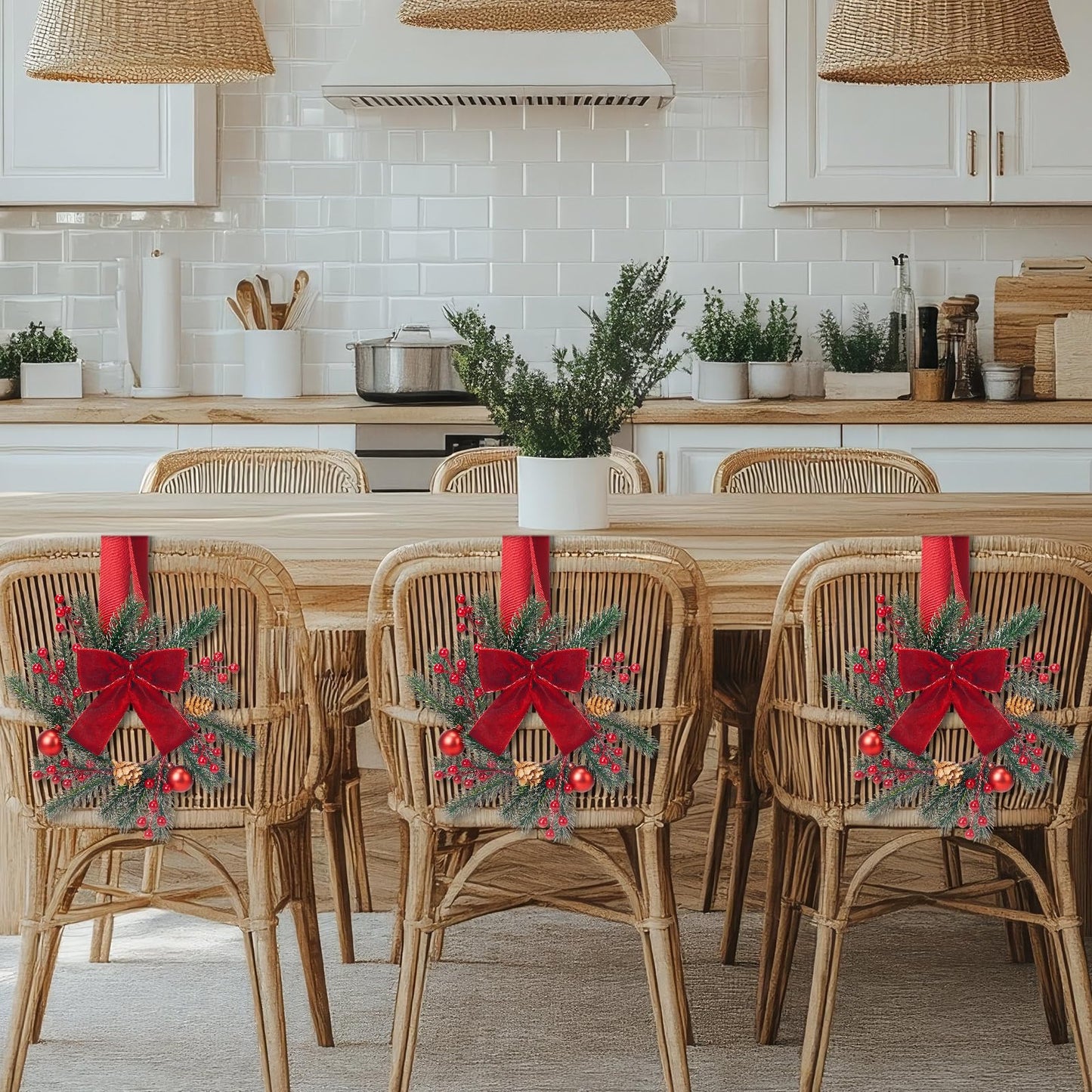 Maysing 6 Pcs 9.8" Small Christmas Wreath with Ribbon Mini Kitchen Cabinet Wreath Christmas Berry Pine Bow Decorations for Xmas Chair Back, Front Door, Window, Wall Farmhouse Decor(Red,Classic)