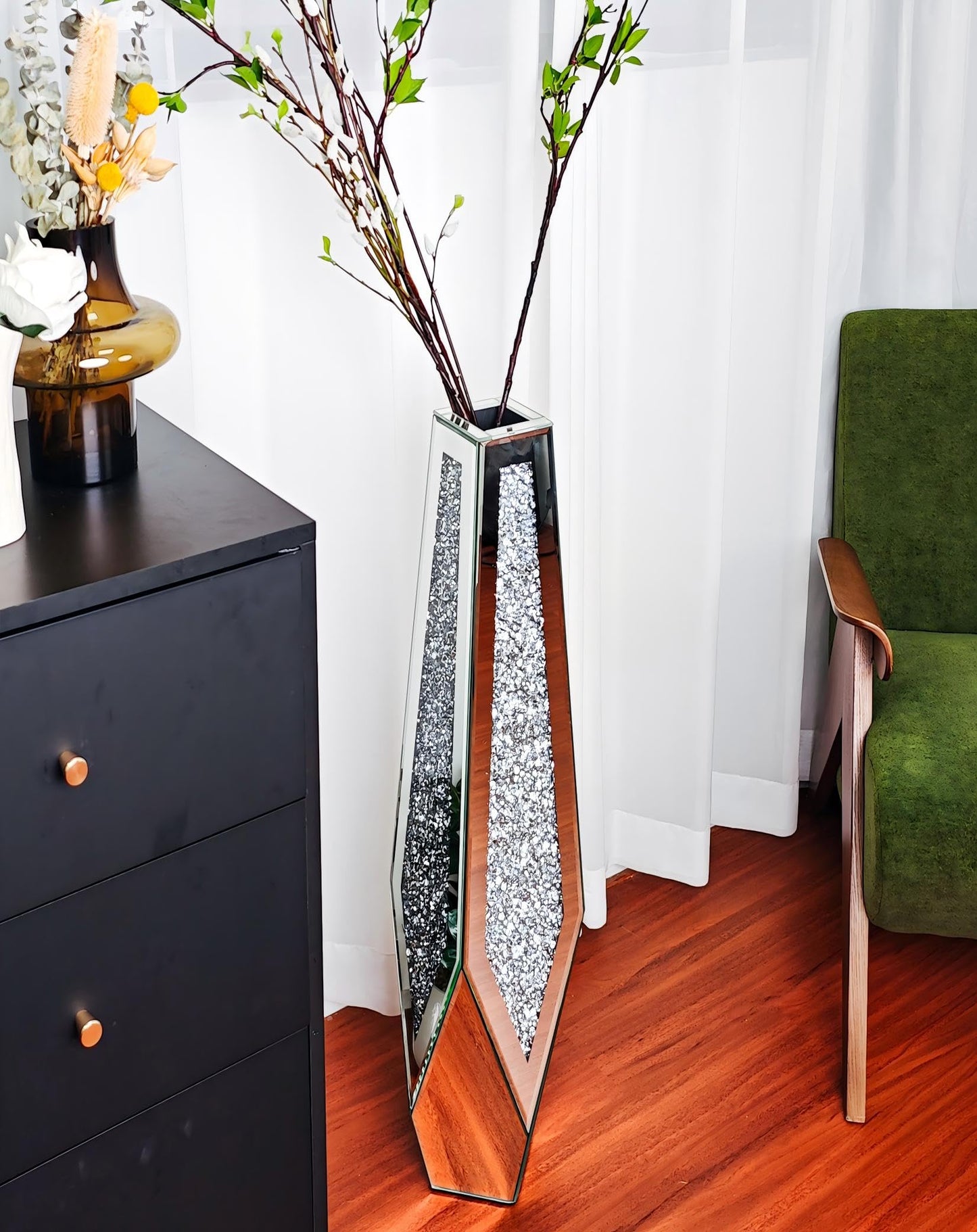 Artloge Mirror Floor Vase Crushed Diamond Silver Bling Centerpiece 33.6 inch Tall