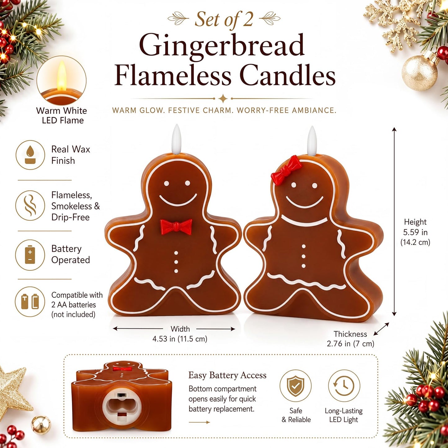 VIHOSE 2 Pcs Christmas Gingerbread Man Flameless Candles 4.53 x 5.59 x 2.76 inch Real Wax Gingerbread Man Battery Operated LED Candles Christmas Table Decoration for Xmas Winter Home Table Decor