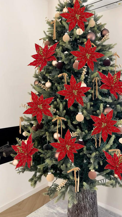 Briful 6 Pack Red Glitter Christmas Poinsettia Picks, 13.8'' Artificial Floral Stems with Gold Edges & Sparkle Beads, 9.8'' Blossom Holiday Flower Picks for Tree, Wreath, Table Centerpiece Decor