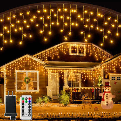 Icicle Lights for Outside, 216LED 24FT Waterproof Christmas Light Outdoor with 8 Modes & Timer, Connectable Christmas Icicle Lights for Eaves House Yard Indoor Outdoor Holiday Decoration(Warm White)