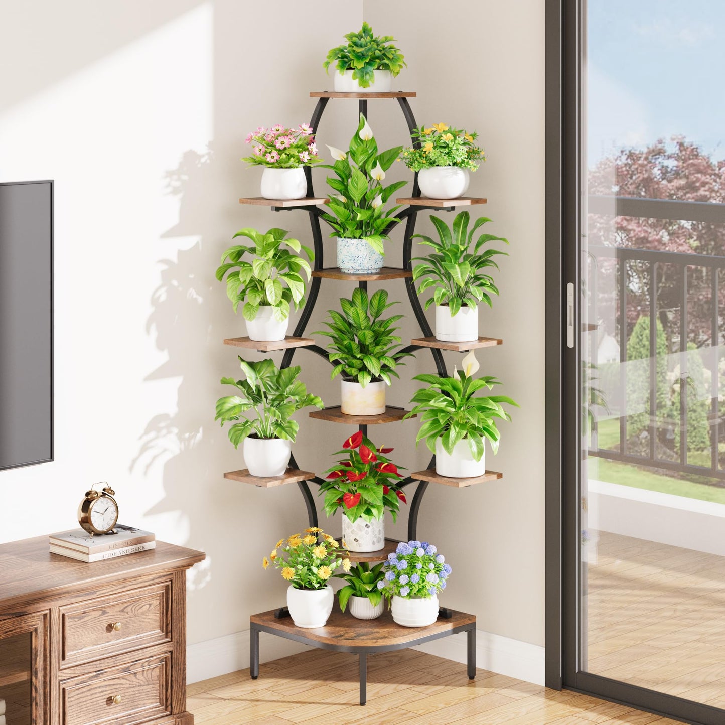 LATIBELL 72'' Tall Corner Plant Stand Indoor with Grow Light - 8 Tiered Metal Plant Shelf for Indoor Plants, Curved Display Rack Capable of Holding Large Pots in Living Room, Patio & Balcony, Black
