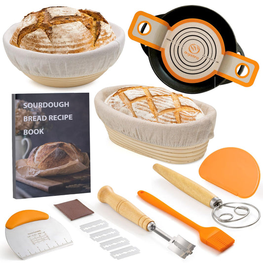 Sourdough Starter Kit, Sourdough Bread Baking Supplies, 9" Round & 10"Oval Rattan Banneton Bread Proofing Baskets Set, Bread baking tools,Silicone bread Sling