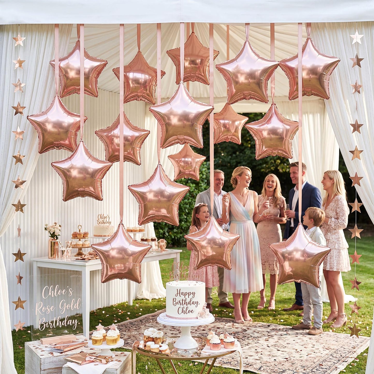 Duraaamo 30 Set Star Foil Balloons Bulk 22 Inch Metallic Star Balloons and Stars Banner and Satin Ribbon for Ceiling Birthday Ornaments Party Decor(Rose Gold)