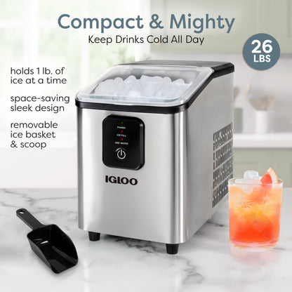 Igloo Portable Ice Maker with Scoop - Countertop Ice Maker with LED Control Panel & 1.5 Quart Water Tank - Ice Cube Maker Produces 26 Lbs. of Ice in 24 Hours with 9 Large or Small Cubes in 7 Minutes
