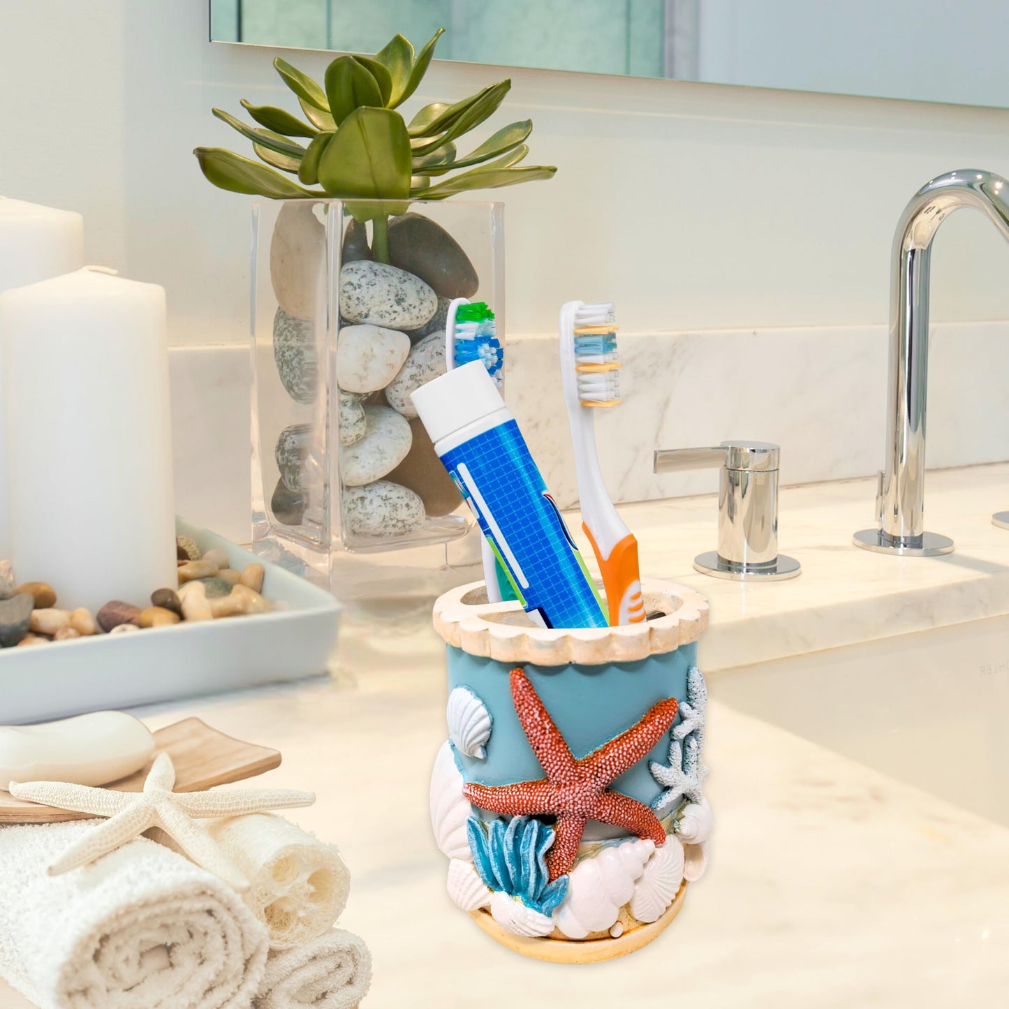 Seaside Splendor Toothbrush Holder – Beautifully Detailed 3D Ocean Elements, Seashells, Starfish, Premium Resin for Coastal Bathrooms, Guest Baths, Beach-Themed Décor, and Nautical Home Accessories