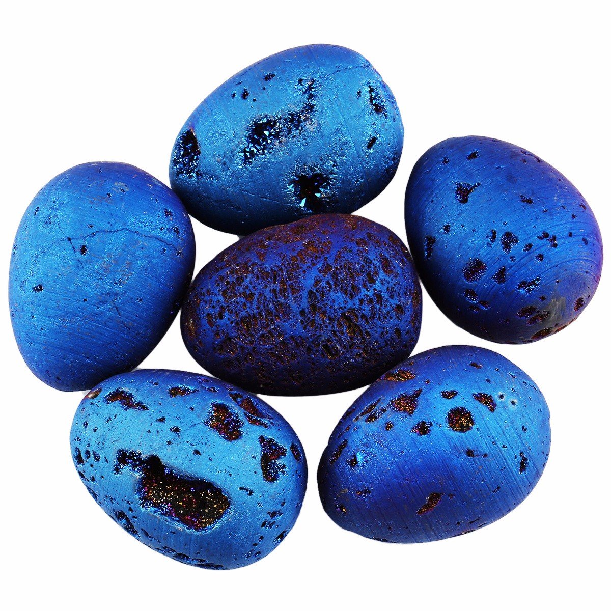 mookaitedecor Druzy Agate Geode Specimen, Deep Blue Titanium Coated Quartz Crystal Egg Figurines with Wood Stand