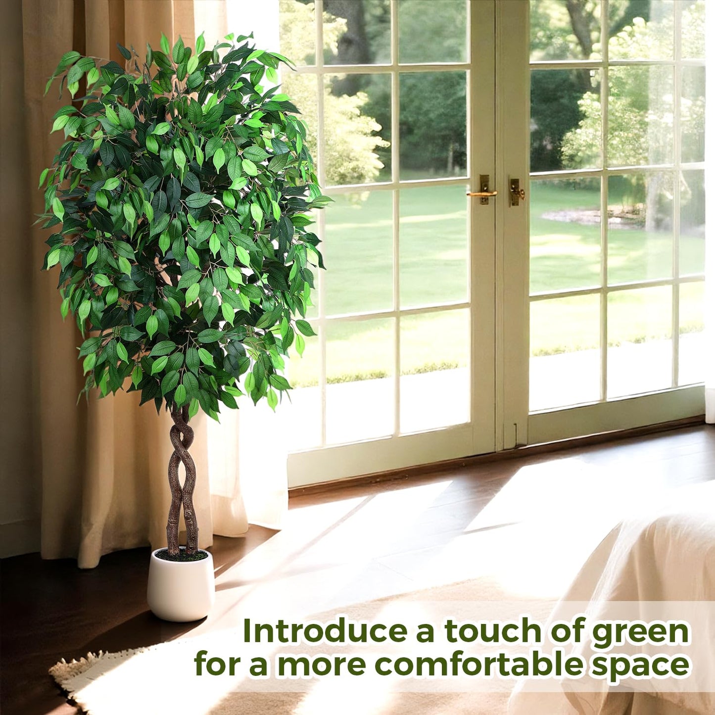 Jocoevol 6FT Artificial Ficus Tree, Tall Faux Trees Indoor with White Planter, Dried Moss, Natural Silk Leaves & Trunk, Fake Plants for Home Living Room Office Corner Decor Housewarming Gift