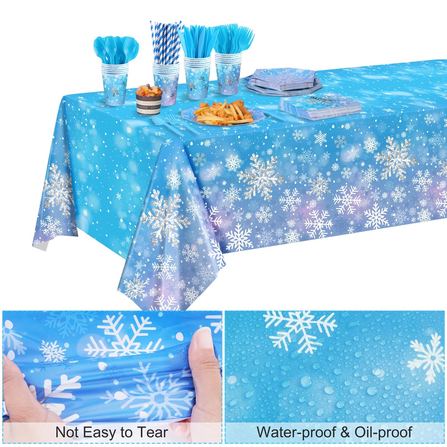 durony 201 Pieces Winter Snowflake Party Tableware Supplies Frozen Birthday Silver Stamping Snowflake Paper Plates Napkins Cups Straws Cutlery Tablecloth for Winter Frozen Party Supplies, Serve for 25