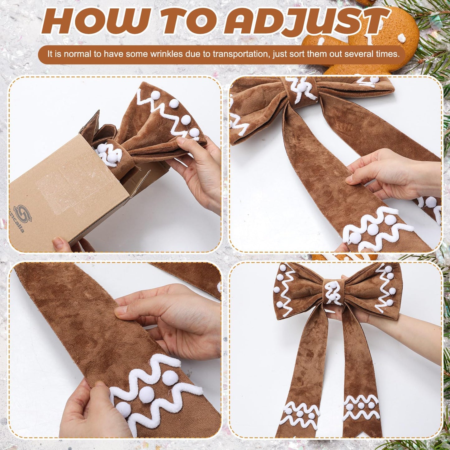 Suncalla 2 Pcs 19‘' Extra Large Christmas Gingerbread Tree Topper Wreath Bow Tree Topper Ornament Brown Plush Hanging Decor for Xmas Door Window Wall Wedding Party Decoration Supplies Gifts