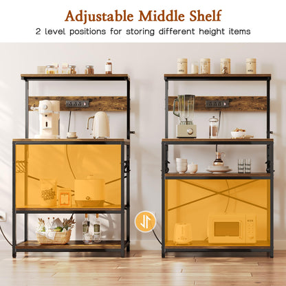 SUPERJARE Kitchen Bakers Rack with Power Outlet, Coffee Bar Table 4 Tiers, Kitchen Microwave Stand with 6 S-shaped Hooks, Storage Shelf Rack for Spices, Pots and Pans - Rustic Brown