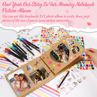 1 Year Our Story So Far Anniversary Scrapbook, Photo Album, DIY Memory Book with 12 Metallic Pens 16 Stickers 2 Puzzle Pieces, Romantic Gift for Boyfriend Girlfriend, 1st Wedding Gift Husband Wife