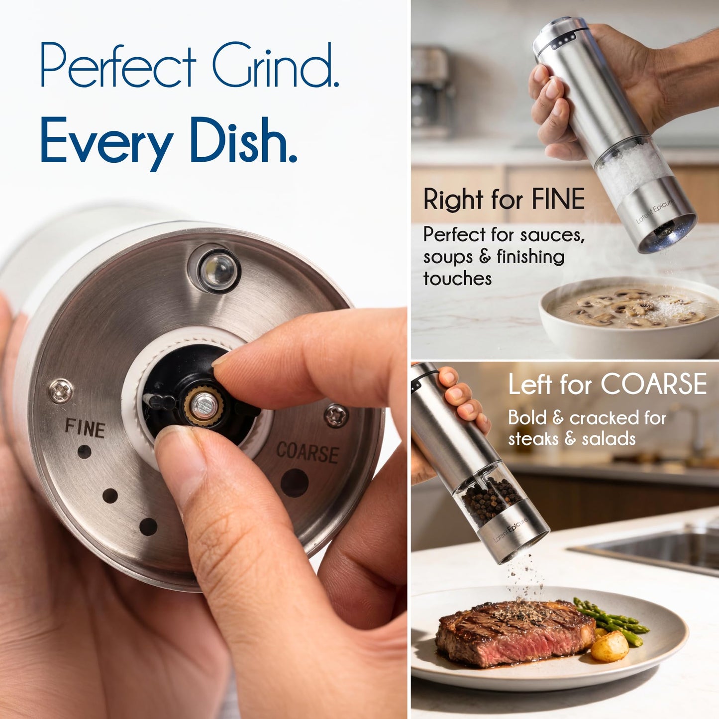 Latent Epicure Electric Salt and Pepper Grinder Set, USB-C Rechargeable Stainless Steel Mills with LED Light, Adjustable Ceramic Grinders and Acrylic Mill Rest Tray