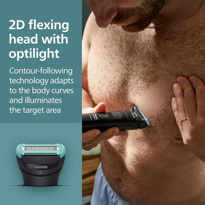 Philips Norelco Body Groomer 7000 Series, Waterproof Men's Full Body Groomer with Travel Case, Triple Protect Shave System & Body Hair Trimmer with Contour-Following 2D Flexing Head, BG7490/50