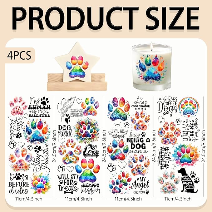 4 Sheets Rub on Transfers for Crafts, Paw Prints Furniture Transfers for Wood