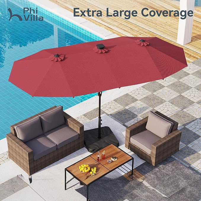 PHI VILLA 13ft Patio Umbrella with Solar-Powered 120 PCS LED Color-Changing Lights, Triple-Head Large Rectangle Umbrella Outdoor Patio for Table with Crank Lift,Dark Red(No Base)