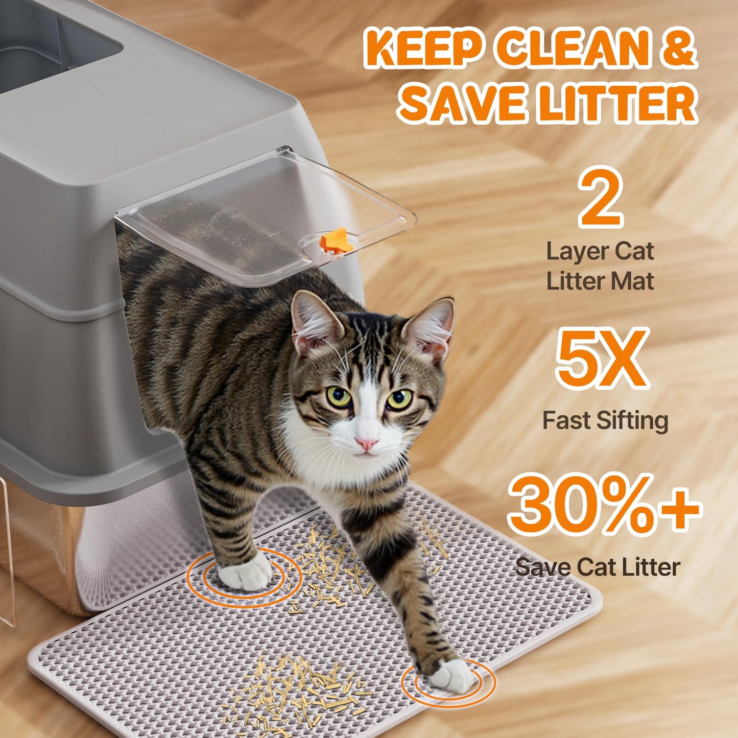 Stainless Steel Litter Box with Lid, 8” Deep Pan, Extra Large Litter Box for Big Cats, Anti-Leakage, Odor Free, Front & Top Dual Entry, Includes Litter Mat & Metal Scoop