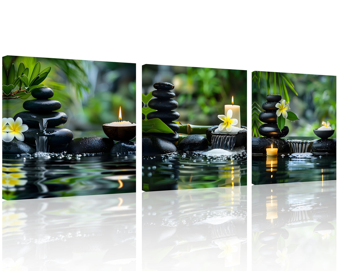 TutuBeer 3 Panels Zen Wall Art Zen Pictures for Bathroom Spa Stone Green Bamboo White Frangipani Flower Pictures Print on Canvas for Home Office Kitchen Wall Decor Stretched and Framed 12x12inchx3