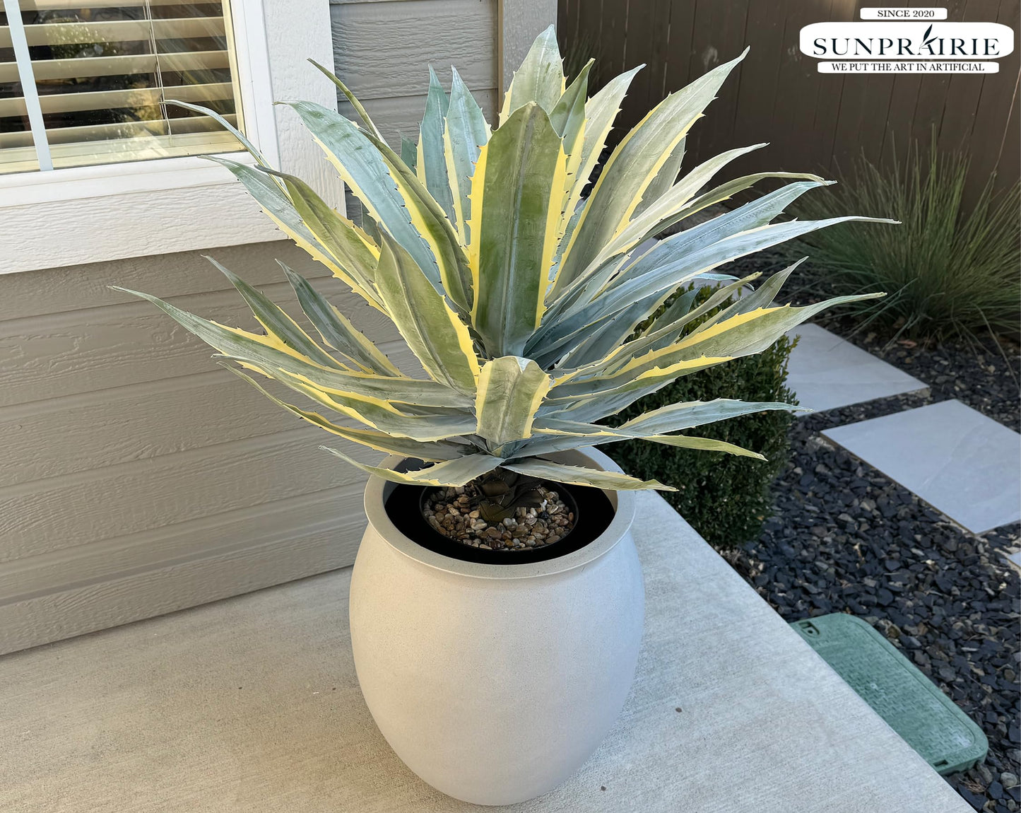 SUNPRAIRIE 32 Inch Tall Large Faux Agave Plant with Two-Tone Sawtooth Edged Leaves; Planted in Black Pot with Real Stone Pebbles. Large Artificial Plants Indoor and Outdoor.