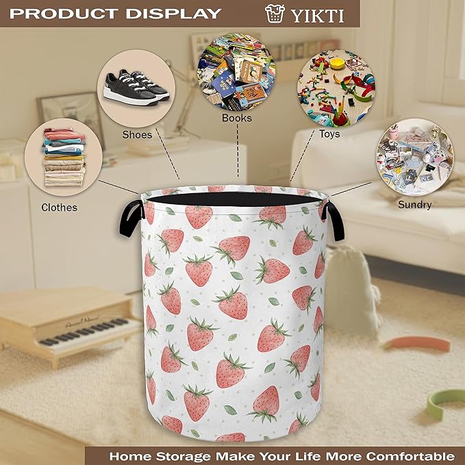 Watercolor Pink Strawberry Laundry Hamper, Waterproof Oxford Cloth Laundry Room