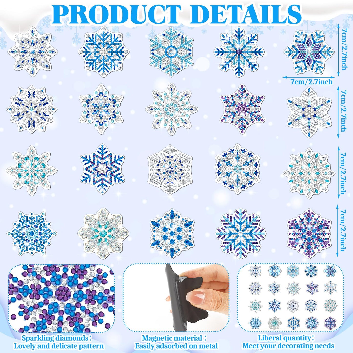 Copkim 20 Pcs Winter Christmas Diamond Art Magnets Winter Fridge Magnet Diamond Painting Snowflake 5D DIY Art Decals Craft for Xmas Ornaments Family Decor