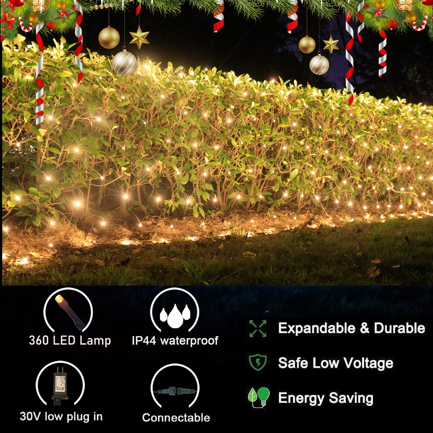 OYCBUZO 360LED Net Lights, 21ft x 5ft Connectable Christmas Outdoor Mesh Lights with Timer & 8 Lighting Modes, Waterproof String Light Plug in for Xmas Tree Bushes Garden Holiday Party - Warm White