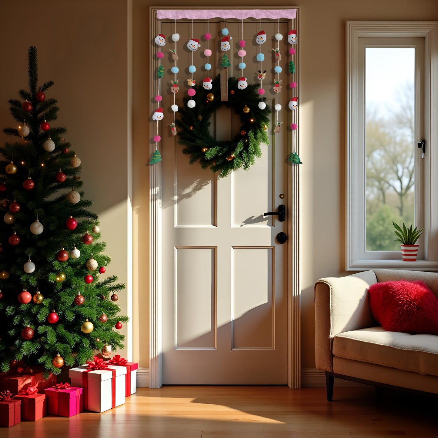 Kynthyre Cute Plush Christmas Curtain for Door Window Wall 33" W x 36" L Self-Adhesive Curtain for Living Room and Bedroom Decor