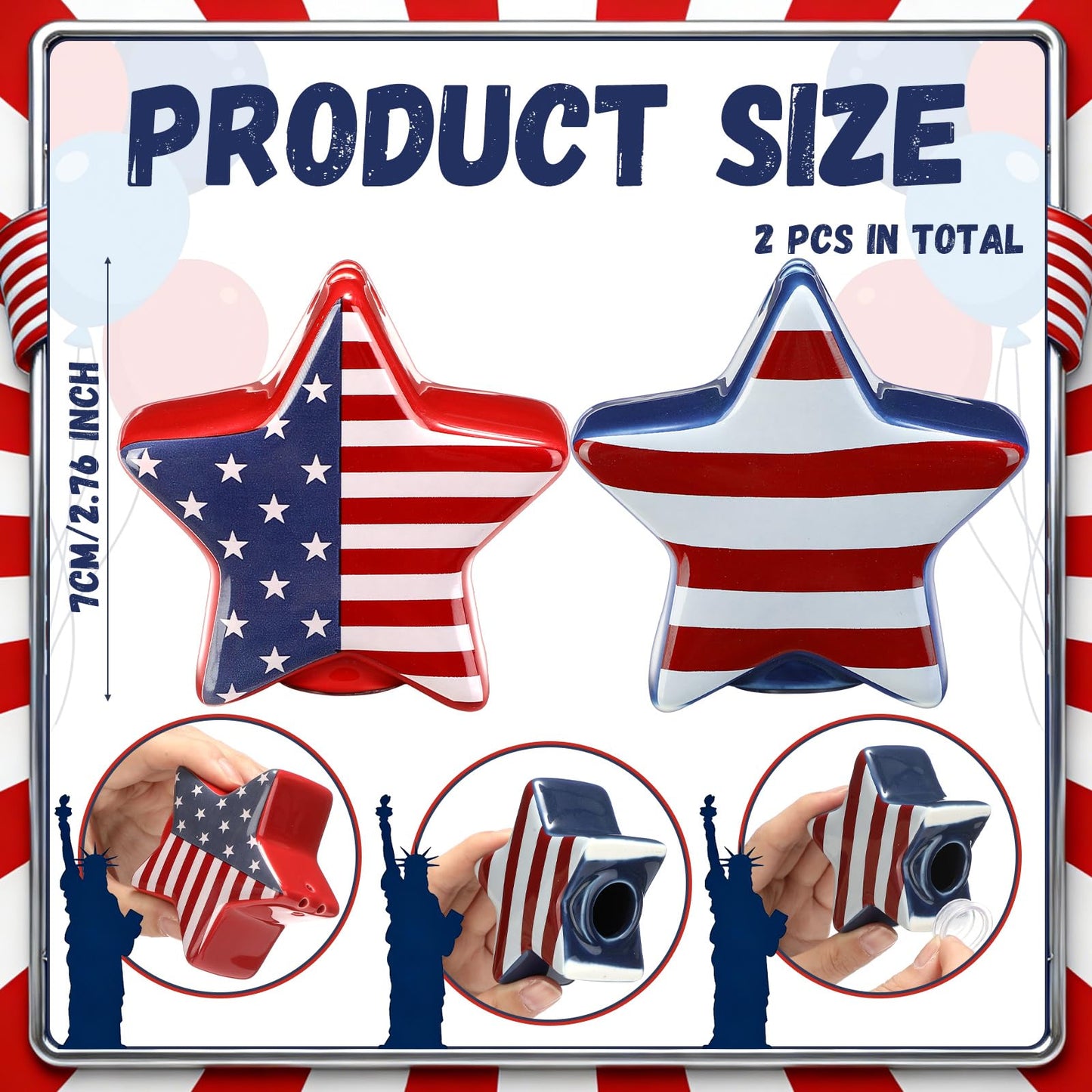 RimCereal 2 Pcs 4th of July Star Shaped Salt and Pepper Shakers with American Flag Decor 3 Inch Patriotic Memorial Day Ceramic Salt and Pepper Shakers Set Red White Blue Decorations for Home Kitchen