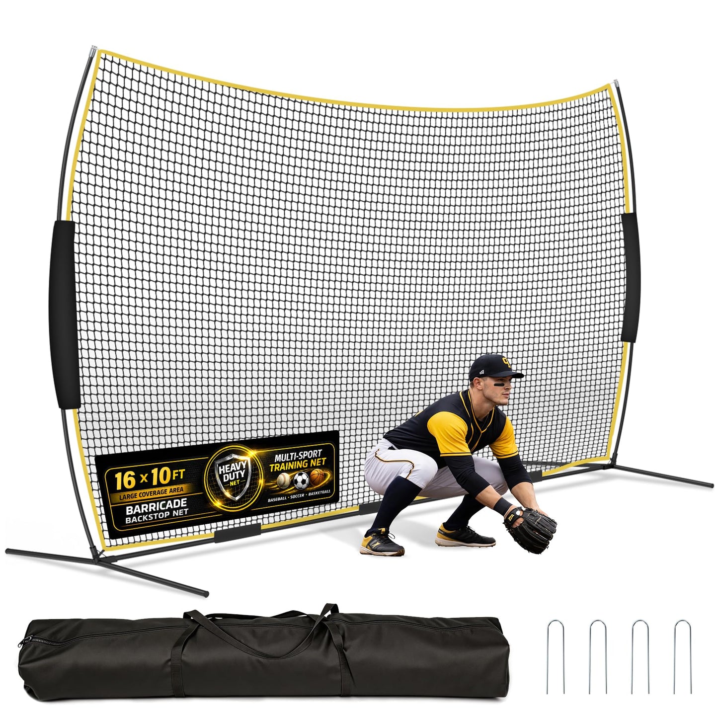 Eastrexon Barricade Backstop Net, 16x10 ft Ball Stop Netting with Carry Bag & Ground Stakes, Quick Setup, Portable, Perfect for Lacrosse, Baseball, Basketball, Soccer