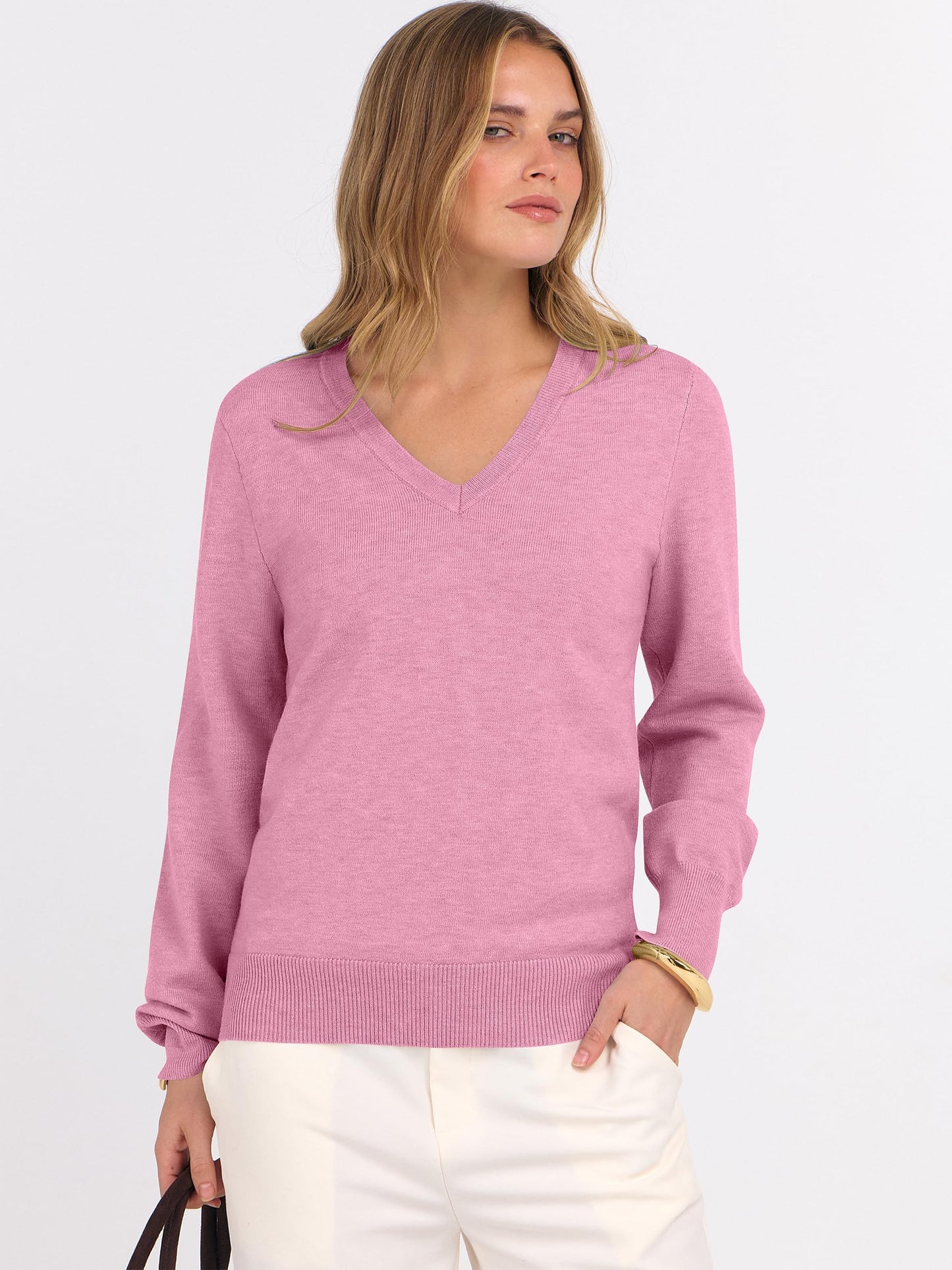 ANRABESS Womens Long Sleeve V Neck Sweaters 2025 Fall Casual Classic Soft Loose Fit Basic Pullover Jumper Top