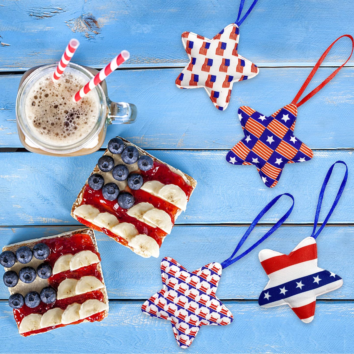 Deloky 30 Pcs 4th of July Decoration Fabric Wrapped Stars, 2.7 x 5.3 Inch Patriotic Ornaments Red White and Blue Stars, Memorial Day Tree Decorations for Independence Day Veterans Day Decor
