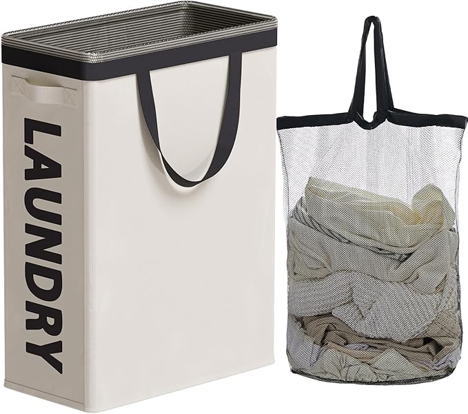 Slim Laundry Hamper with Removable Inner Bag and Side Handles, 45L Small