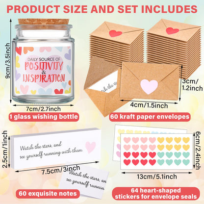 Maitys Positive Affirmation Gifts Include Positive Glass Jar with 60 Inspirational Quotes Cards 60 Mini Envelopes and 64 Heart Stickers Encouragement Appreciation Cards Gratitude Gifts for Women Men