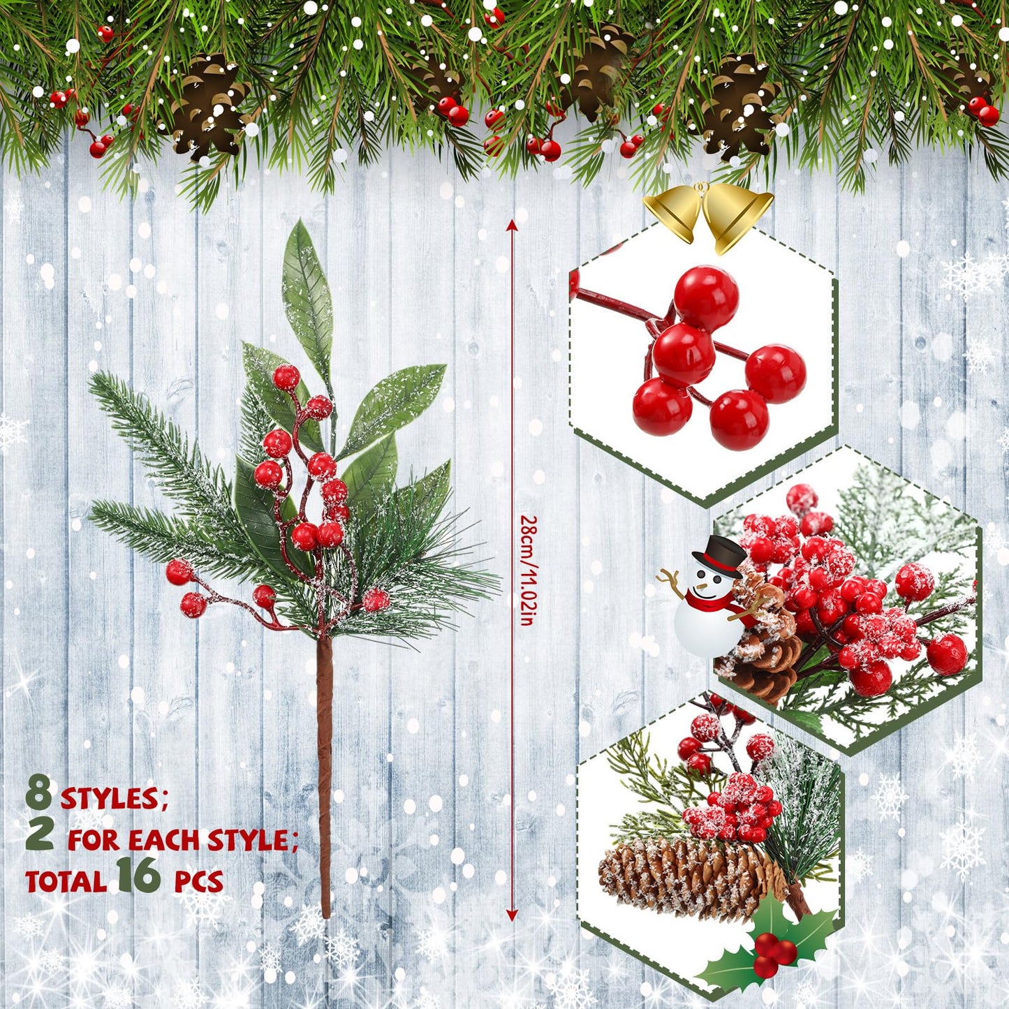 Cindeer 16 Pieces Christmas Artificial Pine Picks, 11 Inch Assorted Red Fruit Floral Picks Stems Berry Holly Berry Branches Pine Picks and Sprays for Xmas Floral Tree Christmas Wreath Winter Holiday