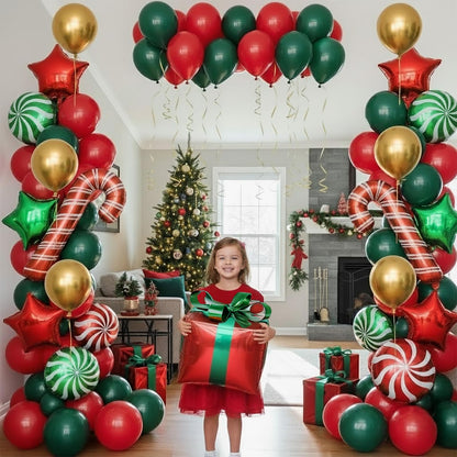 Red hunter Green Gold Christmas Balloon Garland Arch Kit Candy Cane Lollipop Balloons Box Foil Balloons glitter Tinsel Garland for Xmas Balloon Garland Kit Christmas Party Decorations