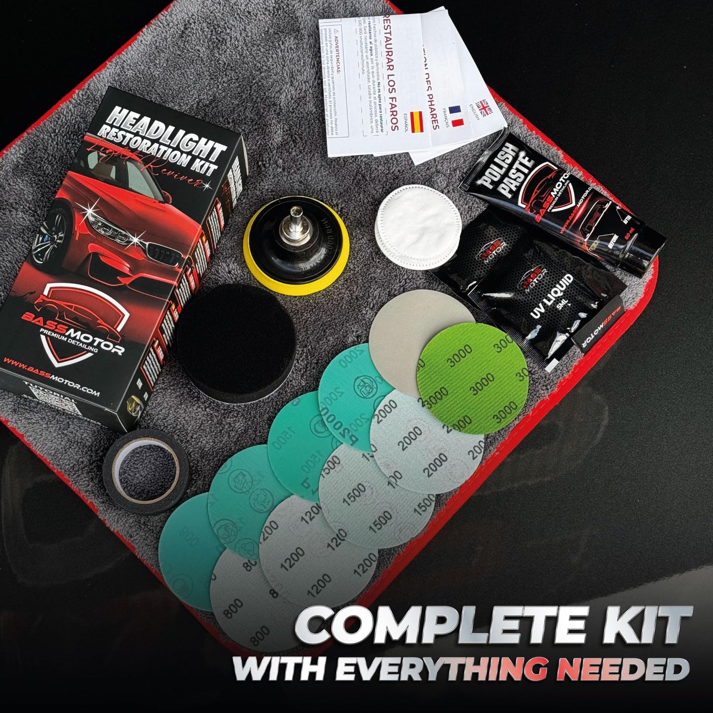 BassMotor Complete Kit for Polishing Dull and Worn Headlights for Car Restoration - Set for Cleaning and Sanding for ITV and Improved Visibility and Safety, Carbon Alumina